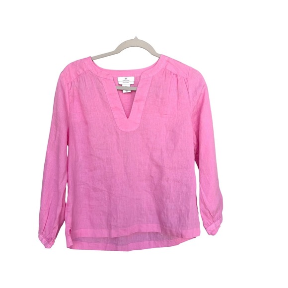 Halston Heritage Tops - Halston Pink 100% Linen Peasant Top Long Sleeve Popover Blouse Size S Resortwear